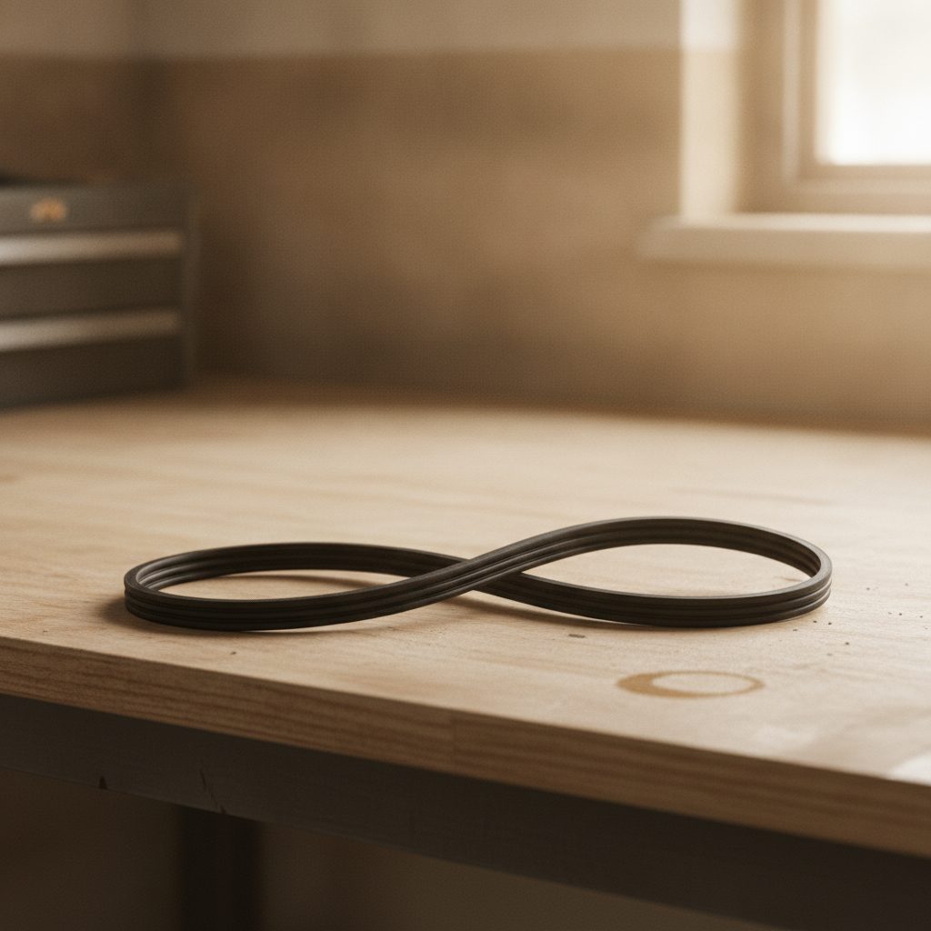 Clean automotive serpentine belt on a workshop bench